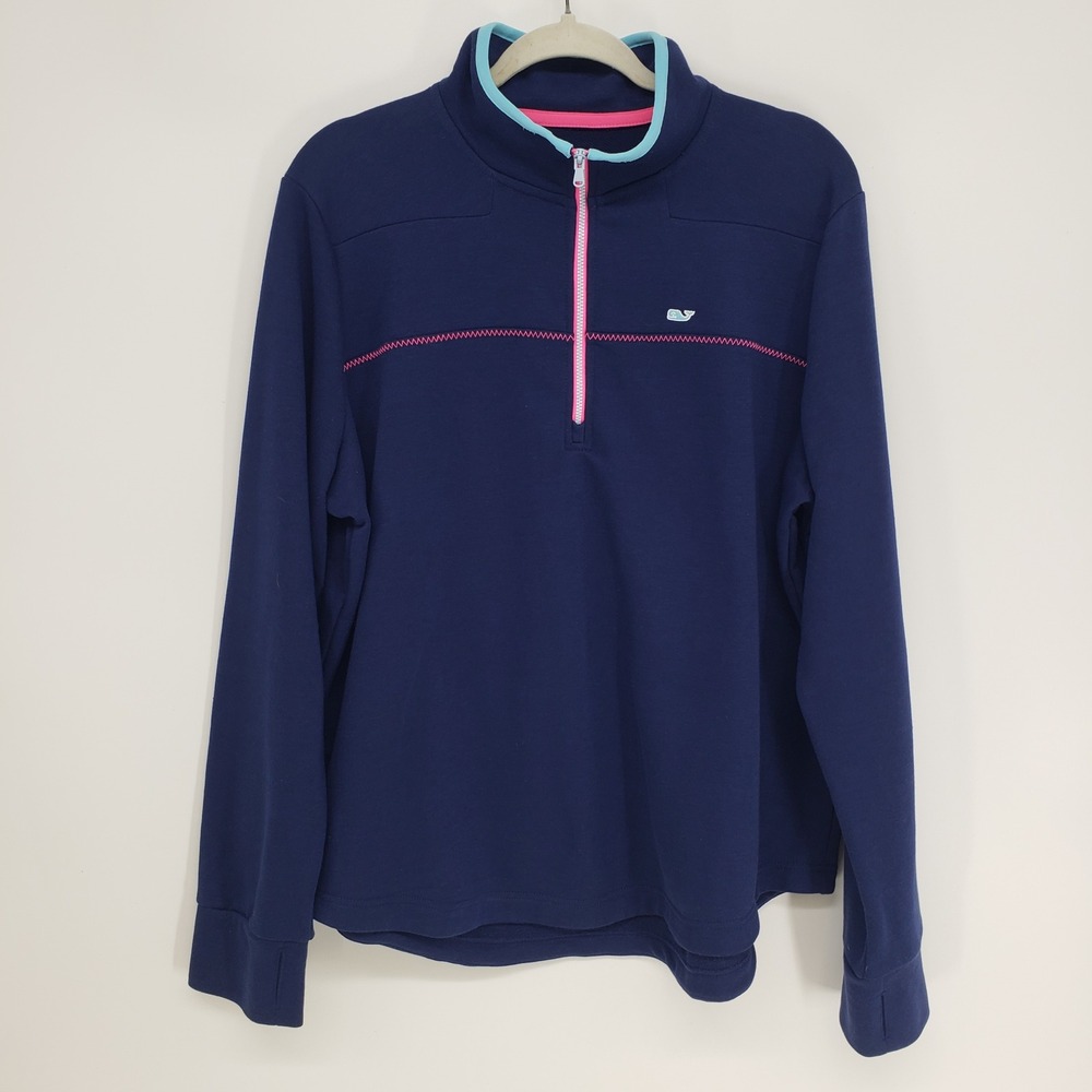 Vineyard Vines Quarter Zip Pullover Women XL Navy Pink Sweatshirt Long Sleeve